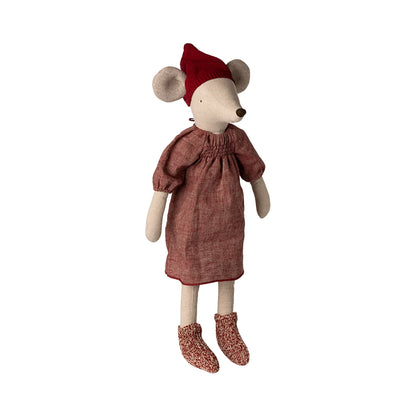 Zauberhafte Weihnachtsmaus Maxi Mädchen in rostfarbenem Kleid mit roter Mütze