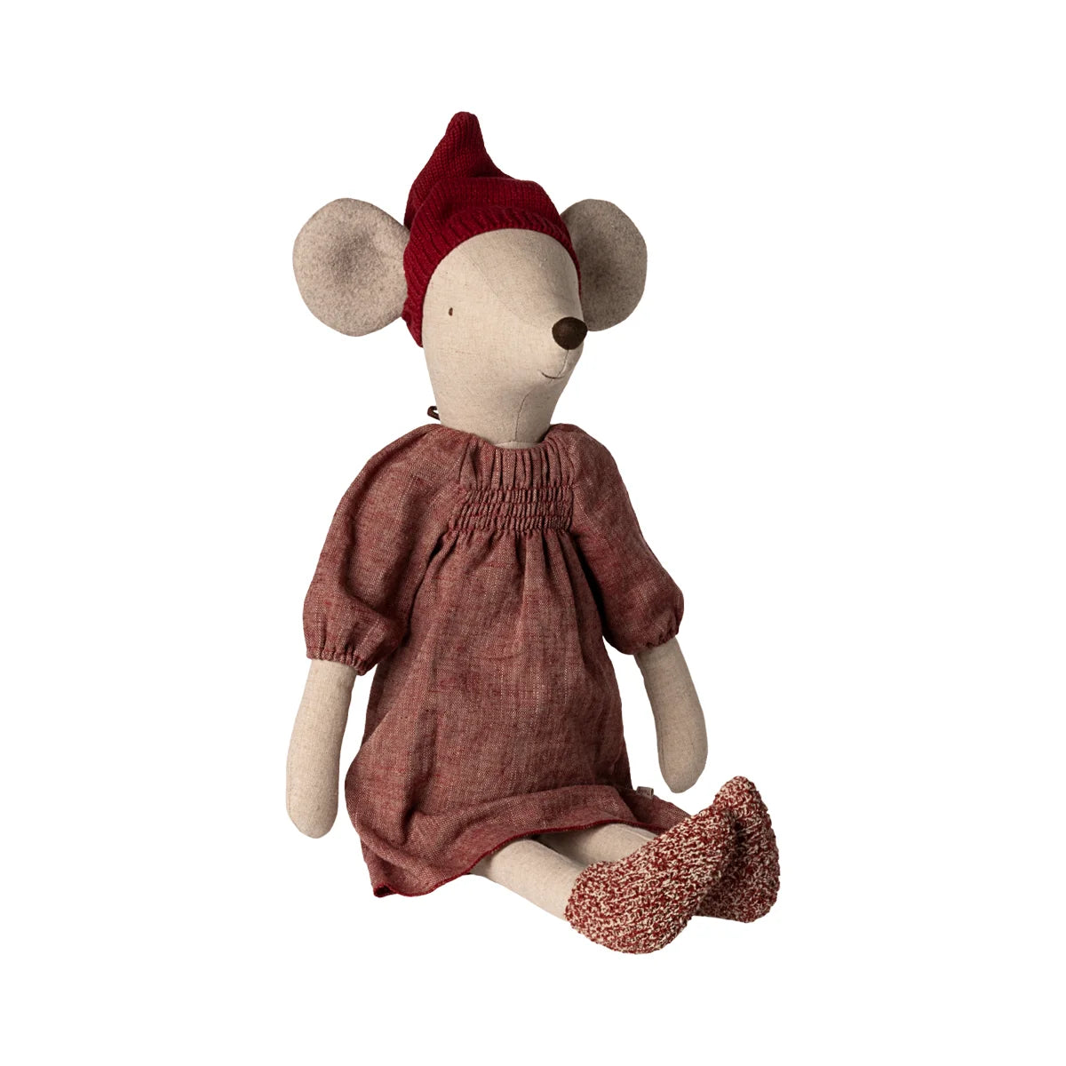 Weihnachtsmaus Maxi Mädchen: Creme-Mauspuppe mit roter Strickmütze und Leinenkleid