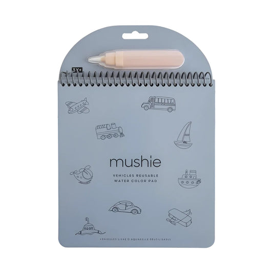 Wiederverwendbares Wassermalbuch Fahrzeuge mit hellblauem Wasserfarbenpad und pfirsichfarbenem Stift