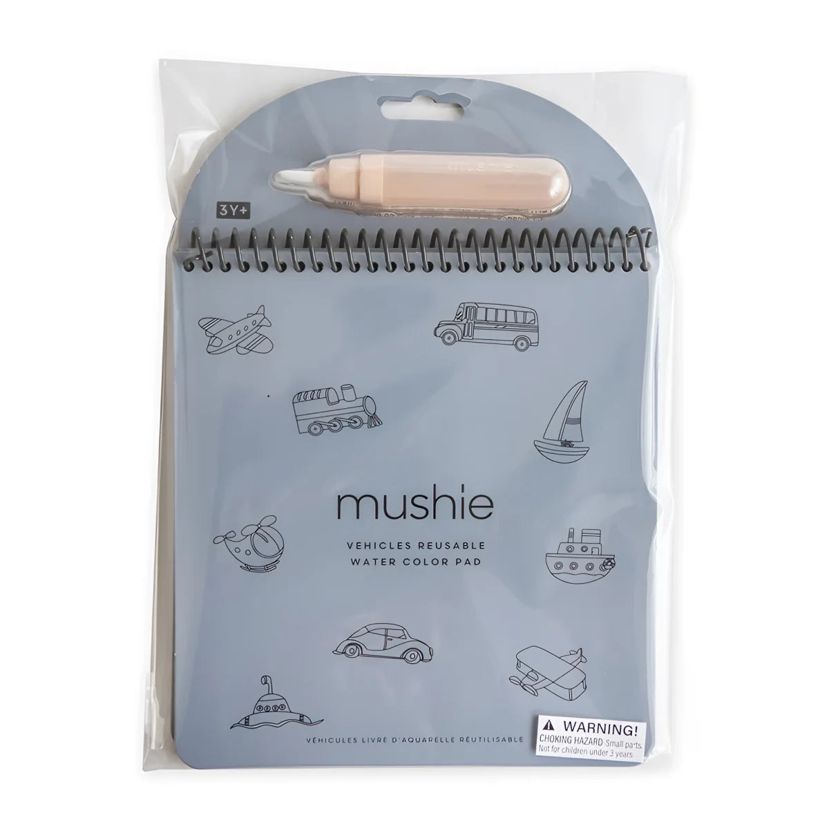 Mushie wiederverwendbares wassermalbuch fahrzeuge mit beige marker und schwarzen fahrzeugzeichnungen auf hellblauem