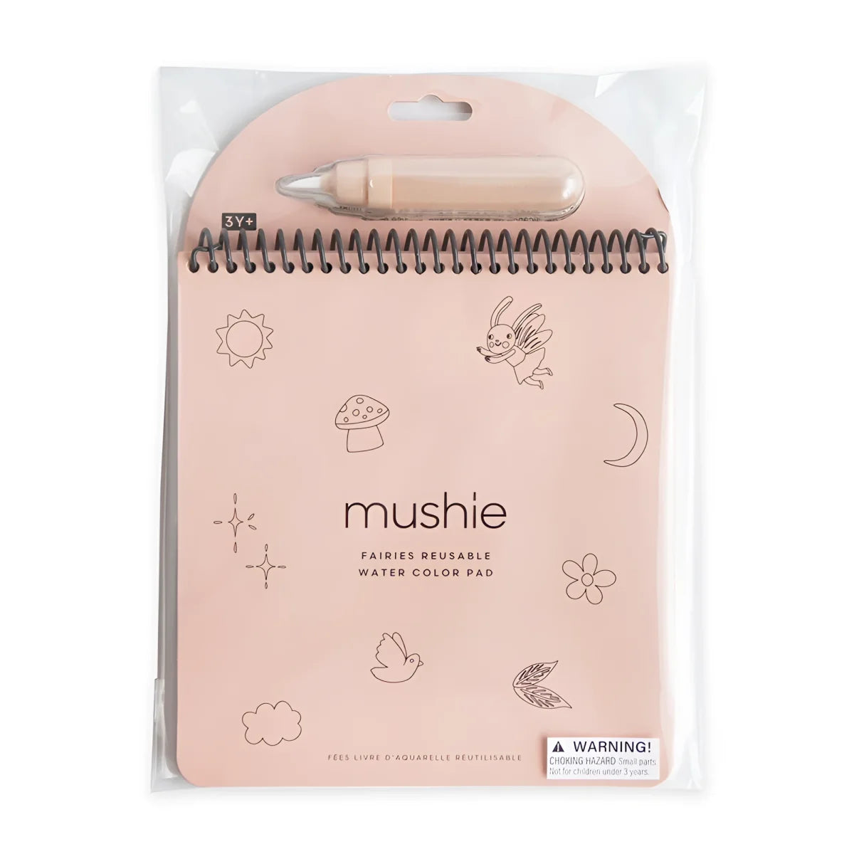 Wiederverwendbares wassermalbuch feen mit rosa mushie fairies pad und beigem marker in plastikverpackung
