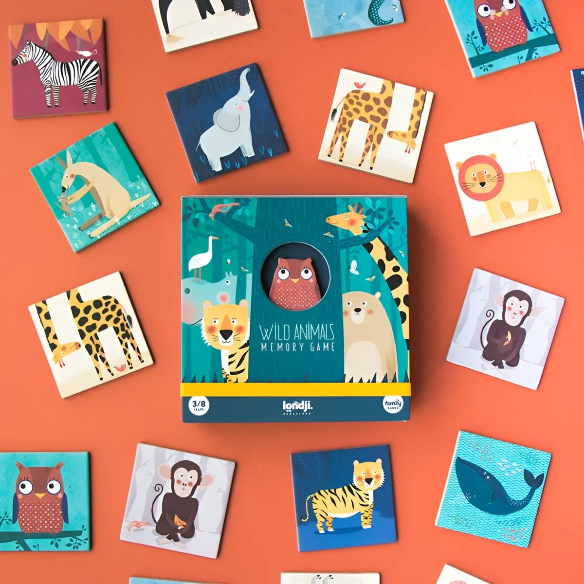 Wild Animals Memory Spielbox in Türkis-Gelb mit Eulen-Motiv