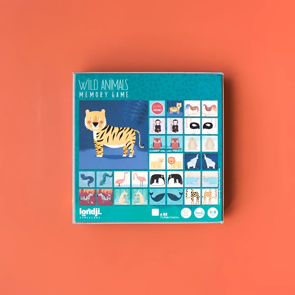 Teal Londji Wild Animals Memory Game Box mit Tiger-Motiv
