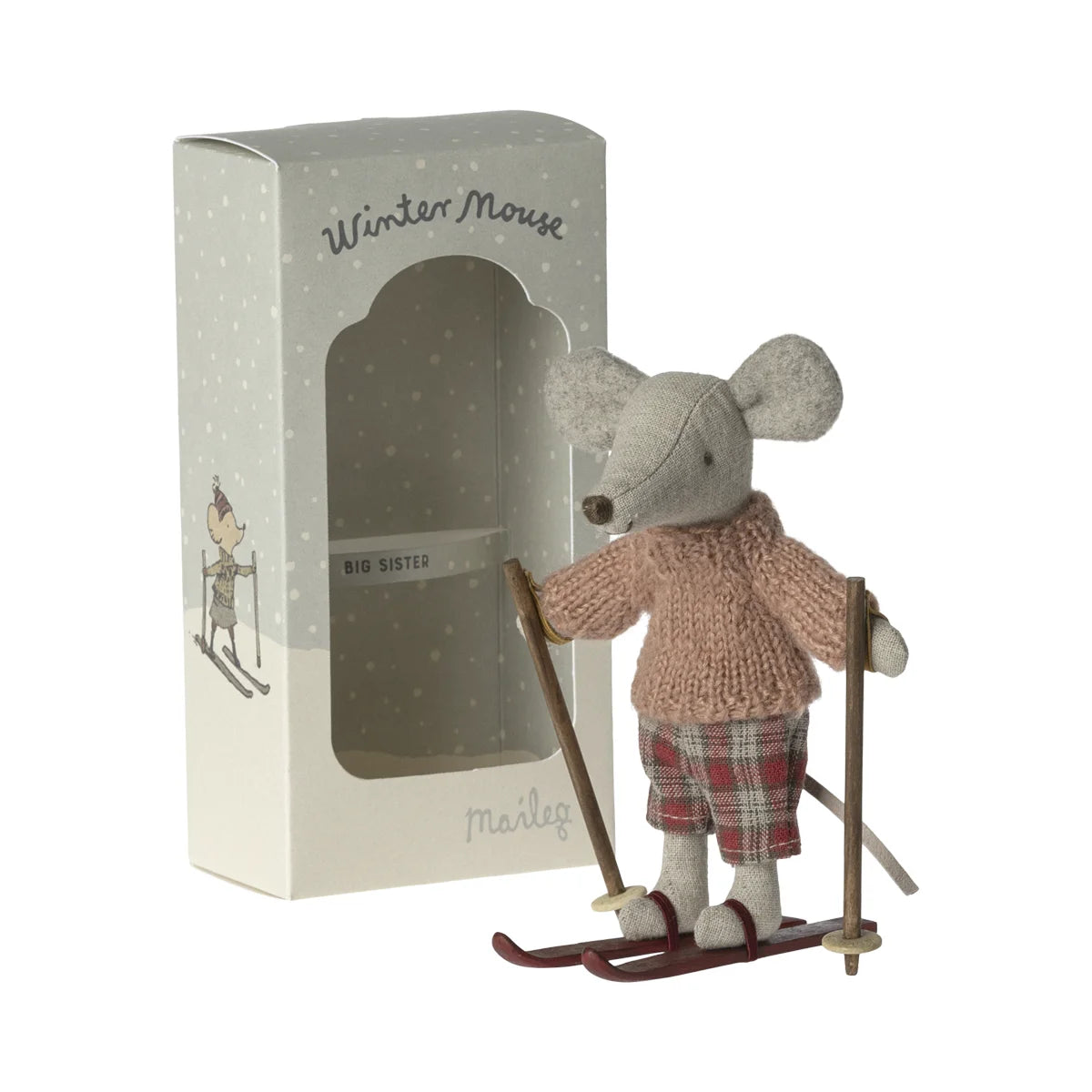 Spielzeugmaus Skifahrermodell mit Skiset in der Verpackung für Wintermaus mit Skiset | Grosse Schwester