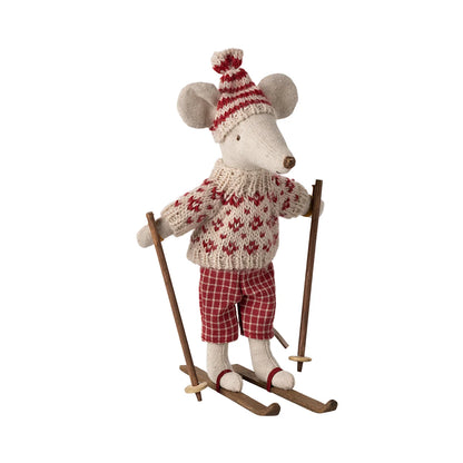 Kinder-Schneemäusepuppe mit Skiset für Wintersaison, Wintermaus mit Skiset Mama Rot