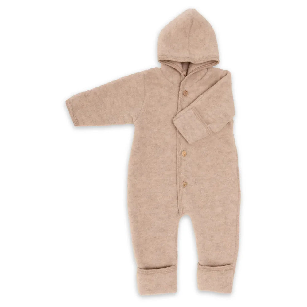 Beige gefütterter Baby-Romper mit Knöpfen, Wollfleece Overall in sand melange