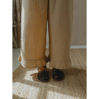 Beige Karomuster-Hosen mit Rüschensäumen für Damen, Grid Check Frill Pants