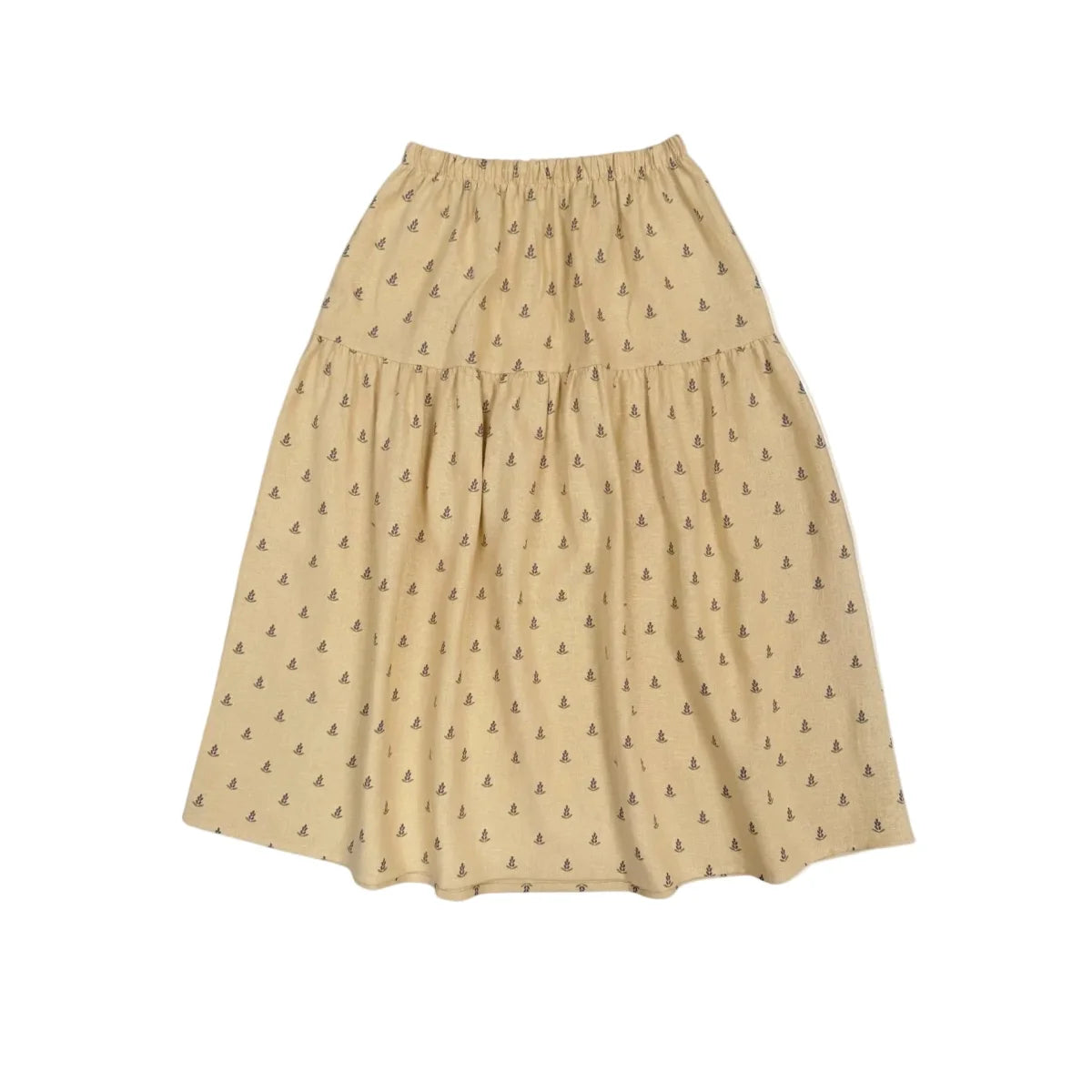 Beiger gestufter Damenrock Lavender Skirt mit dezentem Allover-Muster aus kleinen dunkelbraunen abstrakten Formen