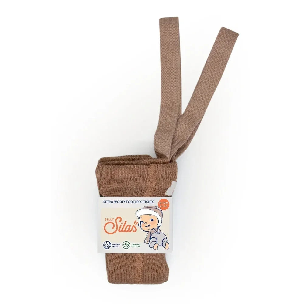 Braune gerippte Babytights mit Trägern, Wooly Footless Strumpfhosen in Cappuccino Braun