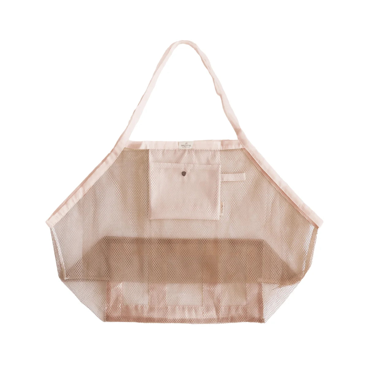 Beige mesh tote bag mit fronttasche und passenden griffen aus meshies in soft coral für ökologische baby- & kinderprodukte
