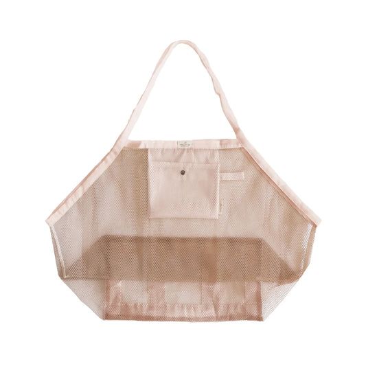 Beige mesh tote bag mit fronttasche und passenden griffen aus meshies in soft coral für ökologische baby- & kinderprodukte