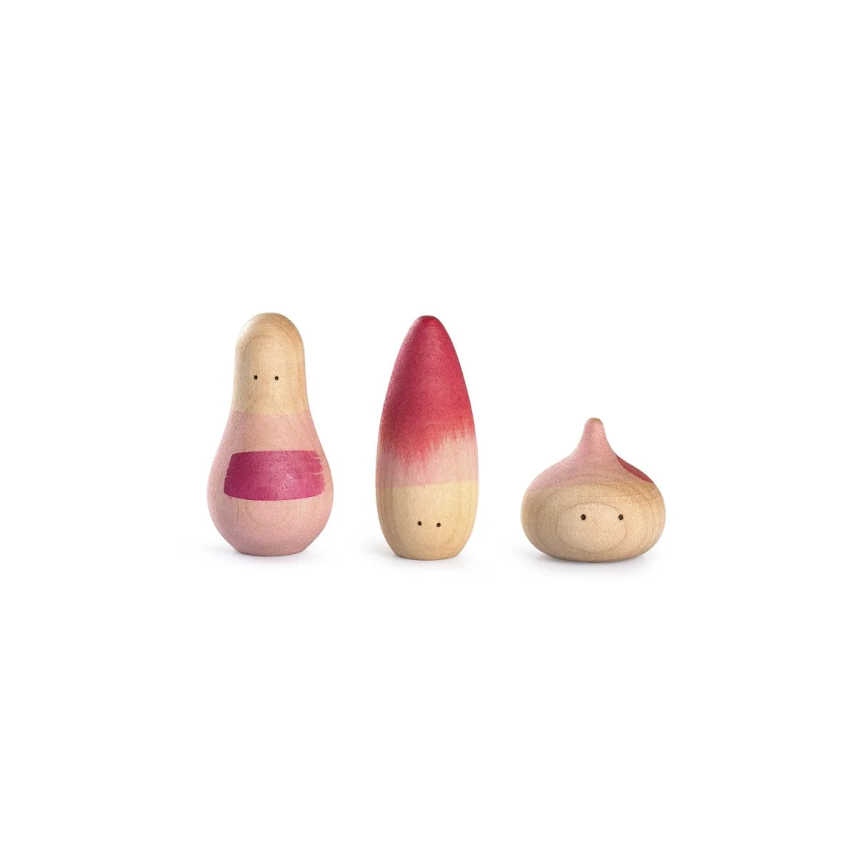 Holz-Matroschka-Nesthälften mit pink-rotem Verlauf, natürlichem Holzfinish, Produkt Yay!