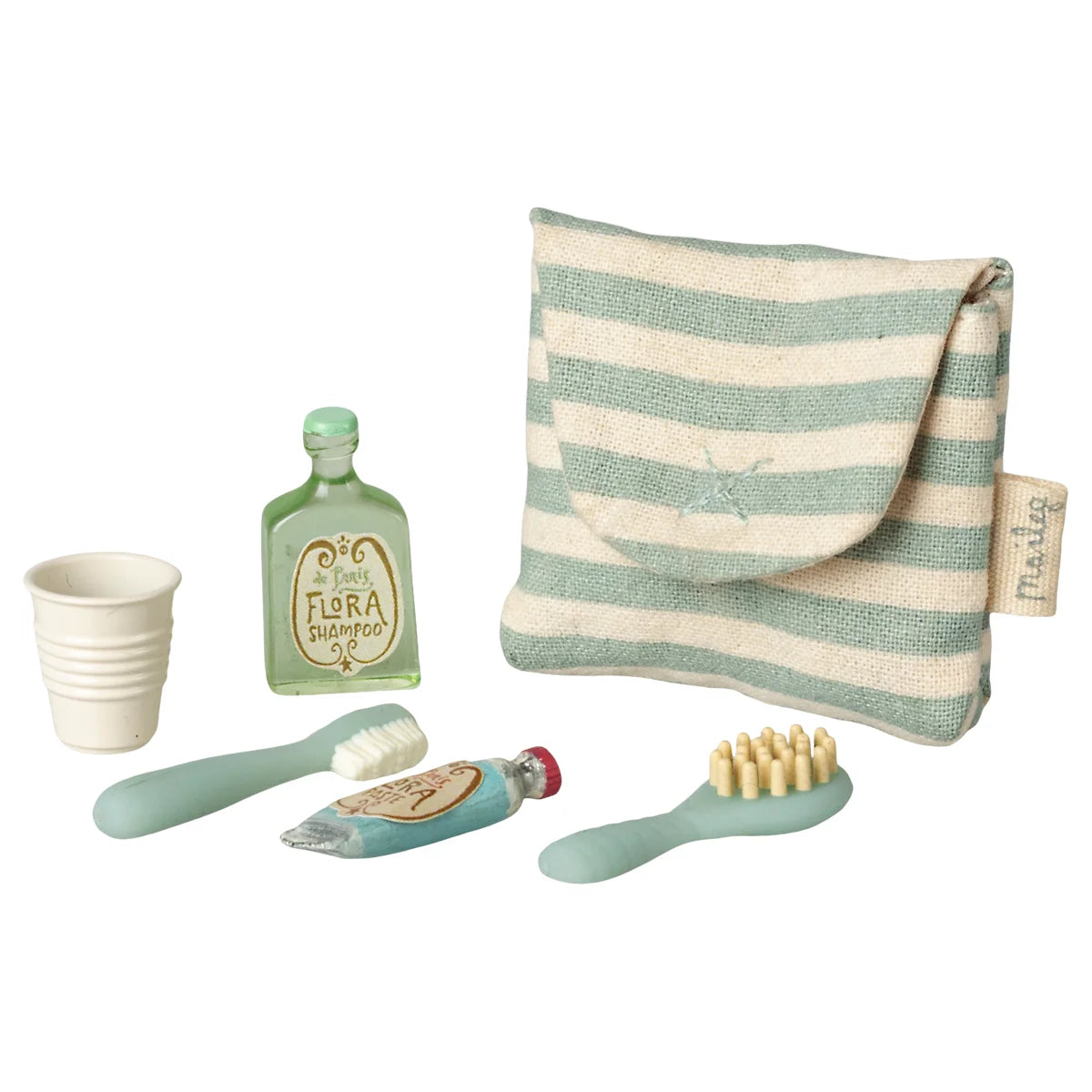 Miniatur gestreiftes Zahnbürsten-Set in Tasche, Blau gestreift, aus gewebtem Stoff mit Sticklogo