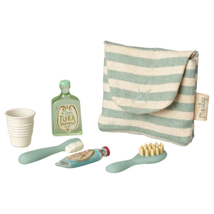 Miniatur gestreiftes Zahnbürsten-Set in Tasche, Blau gestreift, aus gewebtem Stoff mit Sticklogo